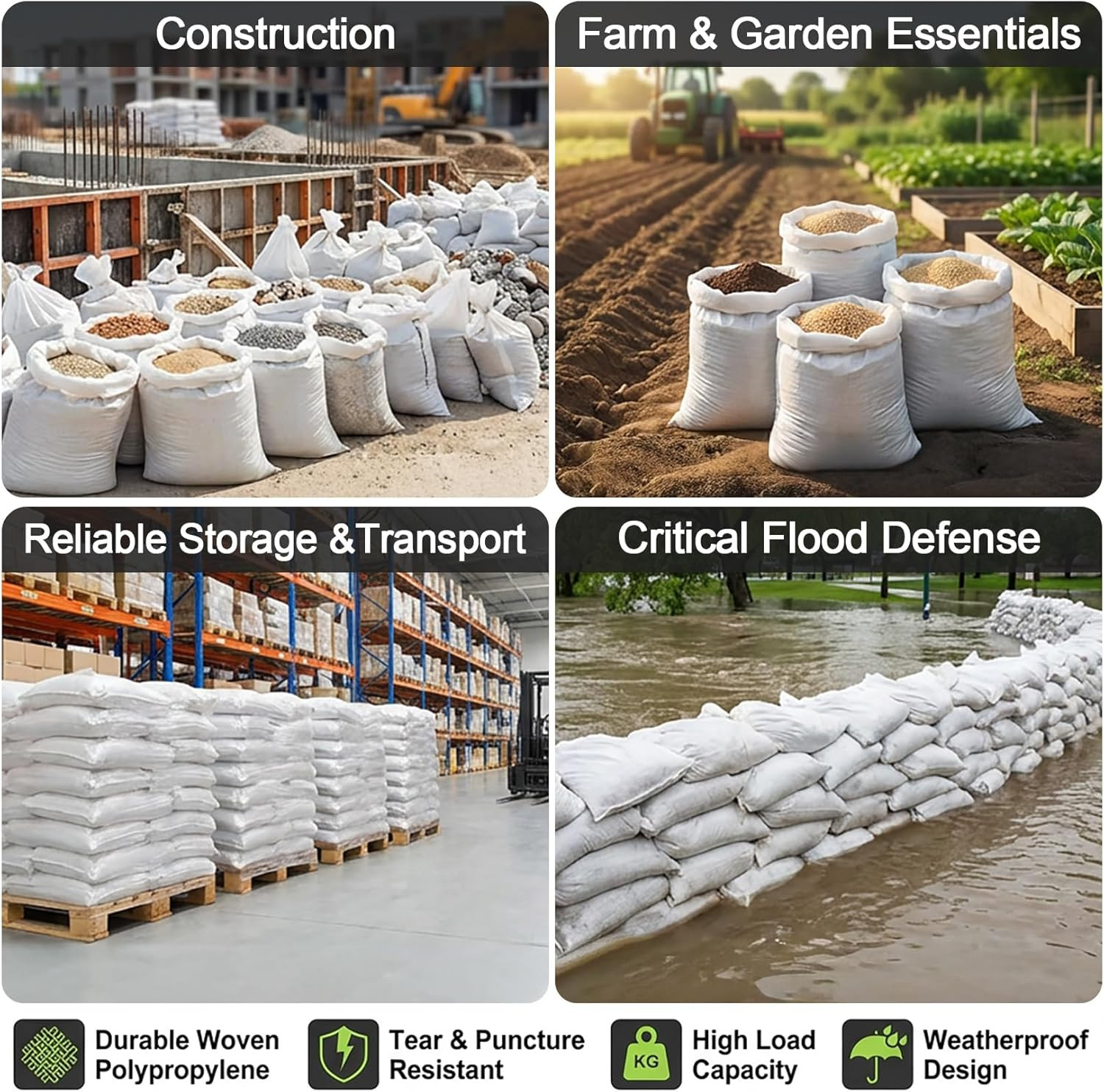 Heavy Duty Woven Sandbags 8PCS – Reusable Flood, Construction & Storage Bags