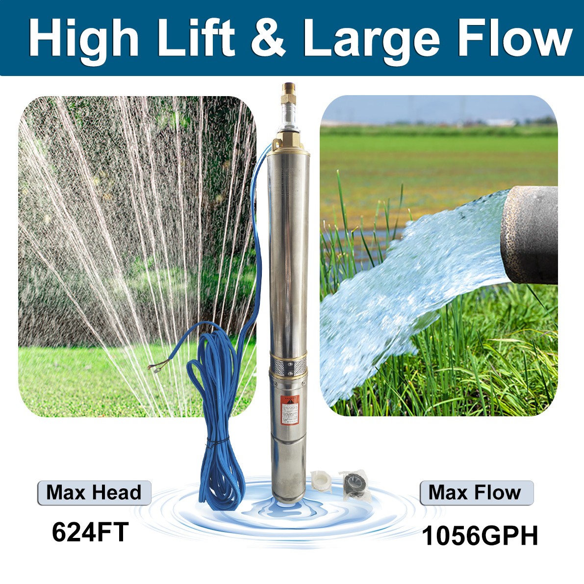 1/2 HP 4″ Deep Well Submersible Pump, 110V, 60Hz, 25GPM, 150 ft Max,33ft Cord