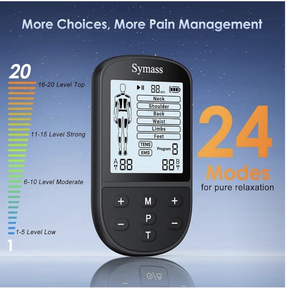 Symass SM9592 2-Channel Handheld 2-in-1 TENS/EMS Unit Physical Rehab