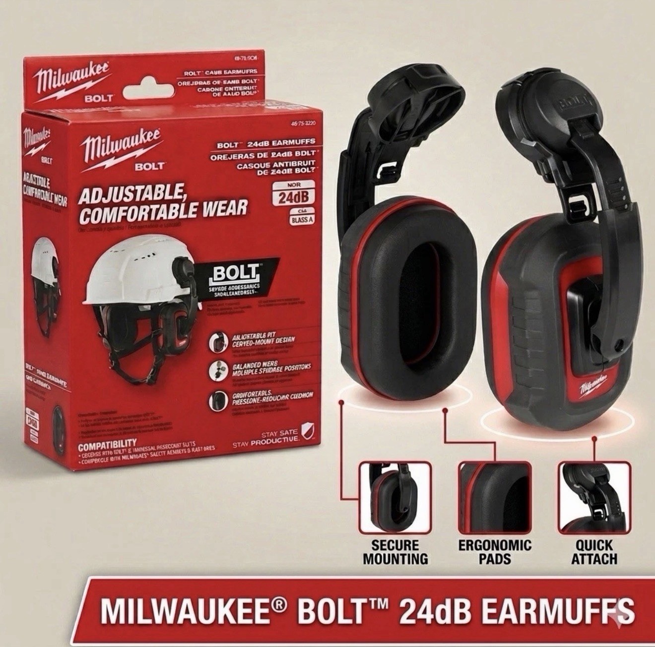 Milwaukee 48-73-3250 BOLT 24dB Earmuffs NRR Hearing Protection Hard Hat New