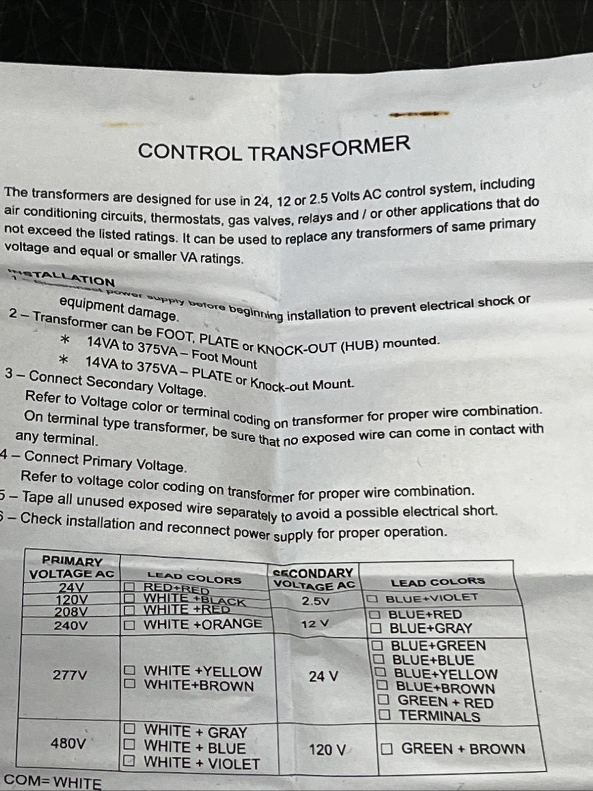 Control Transformer For 24, 12, Or 2.5 Volts AC Control System EP4031OF Class 2