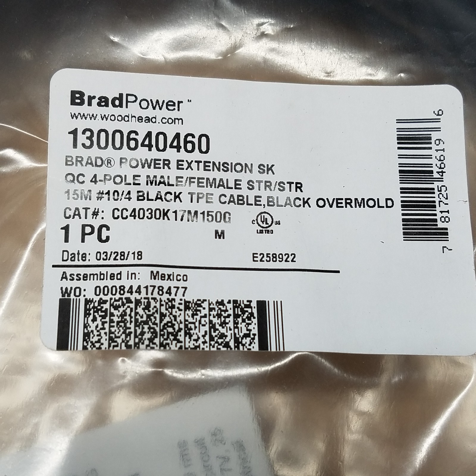 BradPower CC4030K17M150G Cable, 4 pole, Male/Fem STR/STR, 10 AWG – NEW