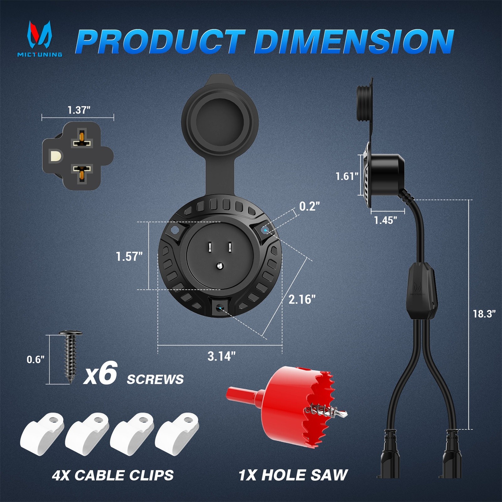 20″ 20A 125V AC Port Plug with 5-in-1 T-Blade Adapter RV Shore Power Inlet Plug