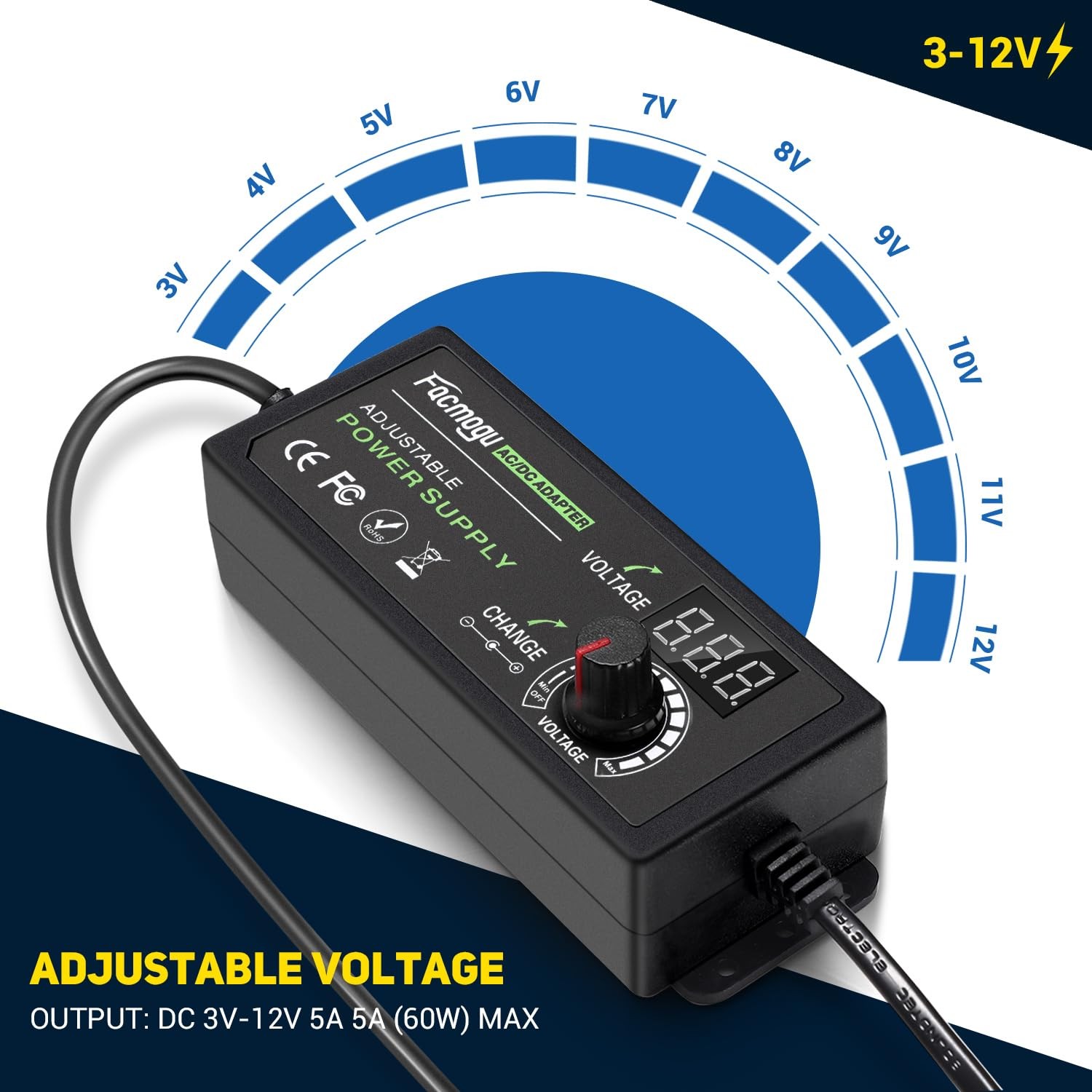 3V-12V 5A 60W Adjustable Power Supply with LED Display, Variable DC 3V 5V 6V …