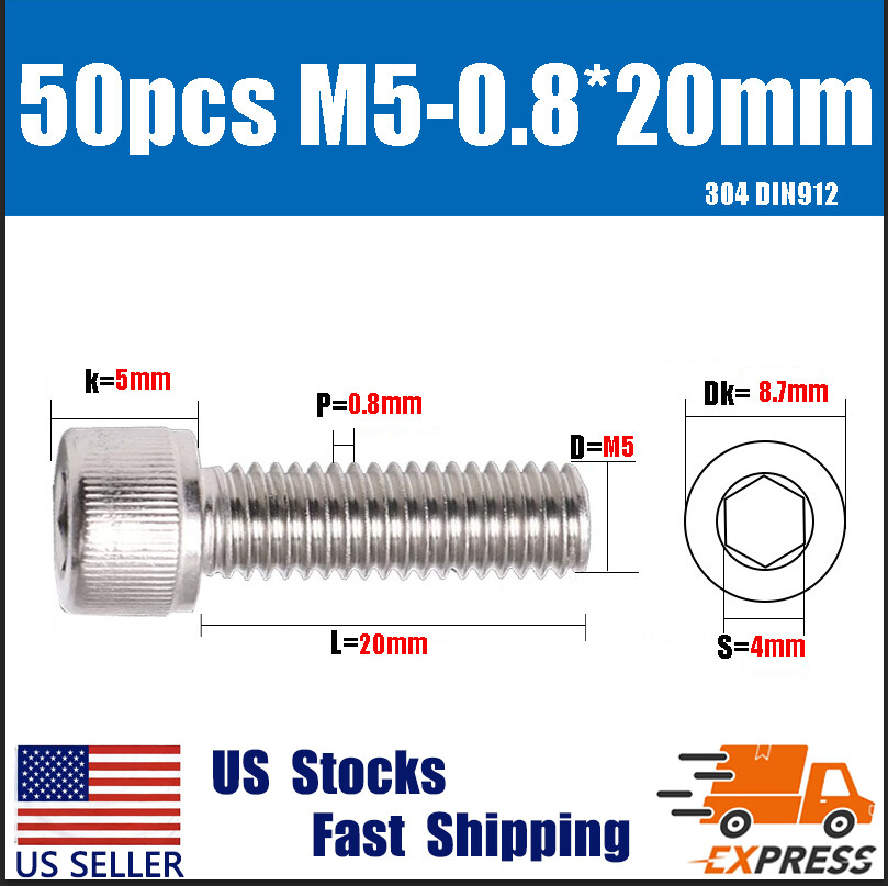 50PCS New M5 X 20mm 304 Stainless Steel Allen Hex Socket Cap Head Screws DIN912