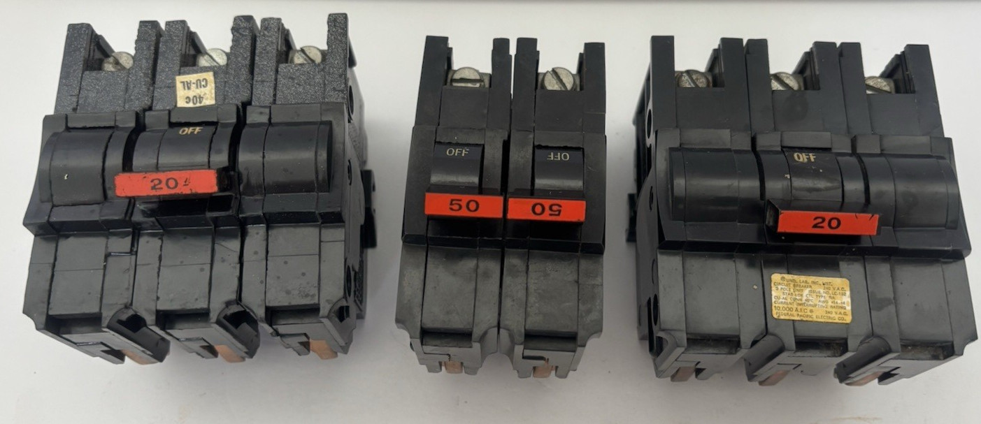 Lot of 3 FPE Circuit Breakers- Two – 20 Amp 3 Pole Stab-Lok & One- 50 Amp 2 Pole