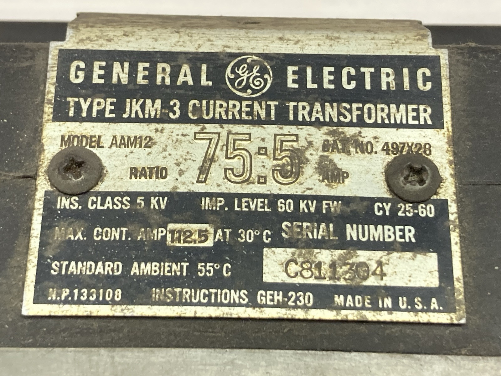 General Electric,Model AAM12 Type JKM-3,Current Transformer 497×28 Ratio 75:5