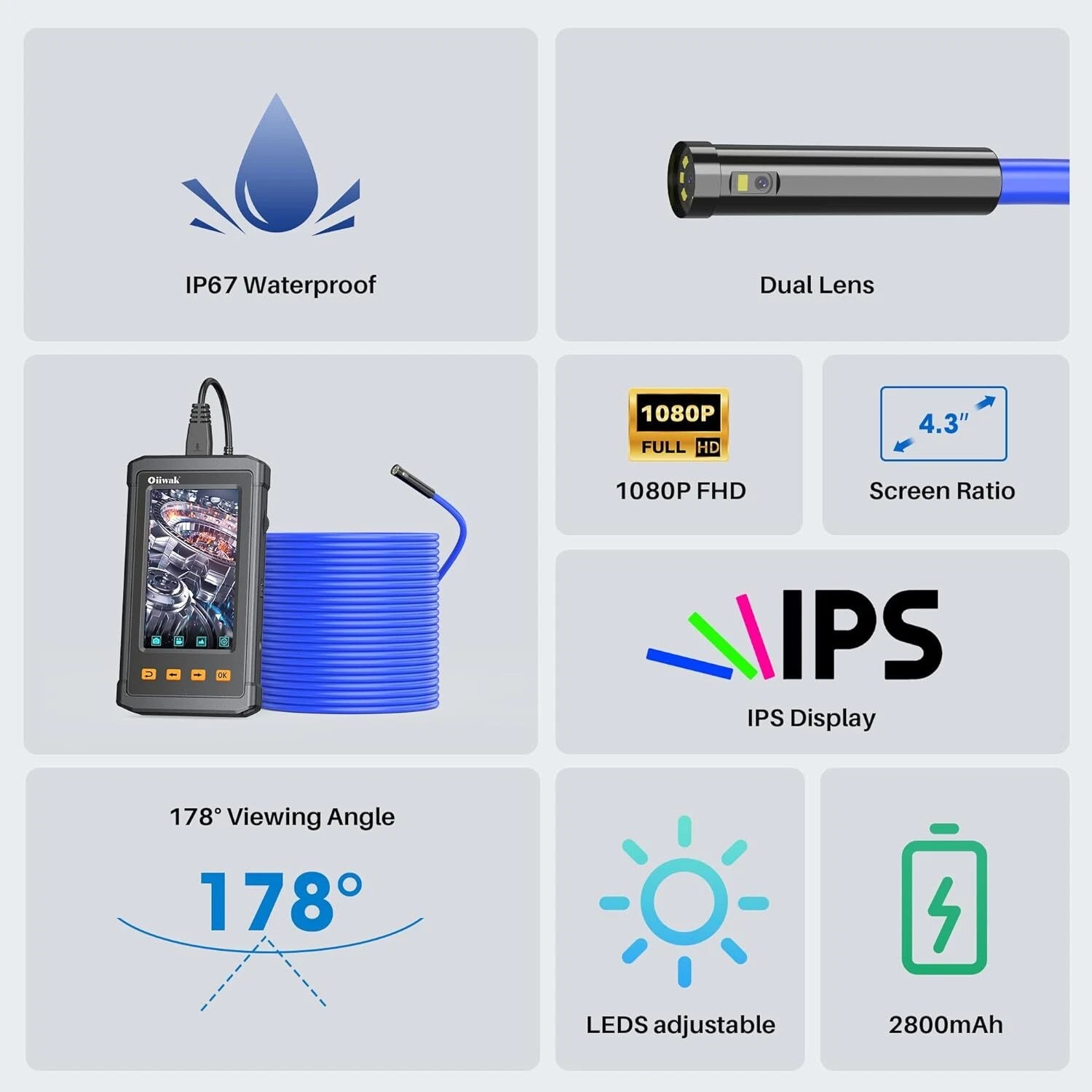 Industrial Endoscope Borescope LCD 4.3in Inspection Snake 1080P HD Video Camera