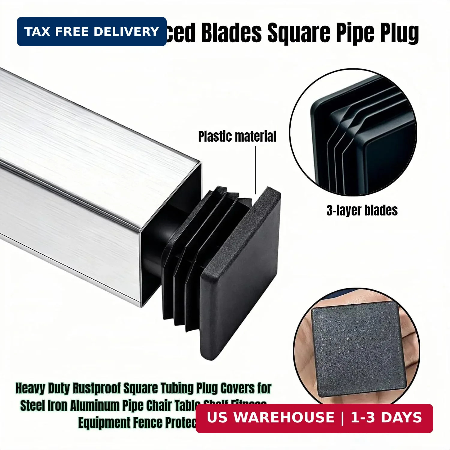 Square Tube End Caps, Black, 2×2 Inch, 12 Pack, 3-Layer Blade Plastic Plugs for