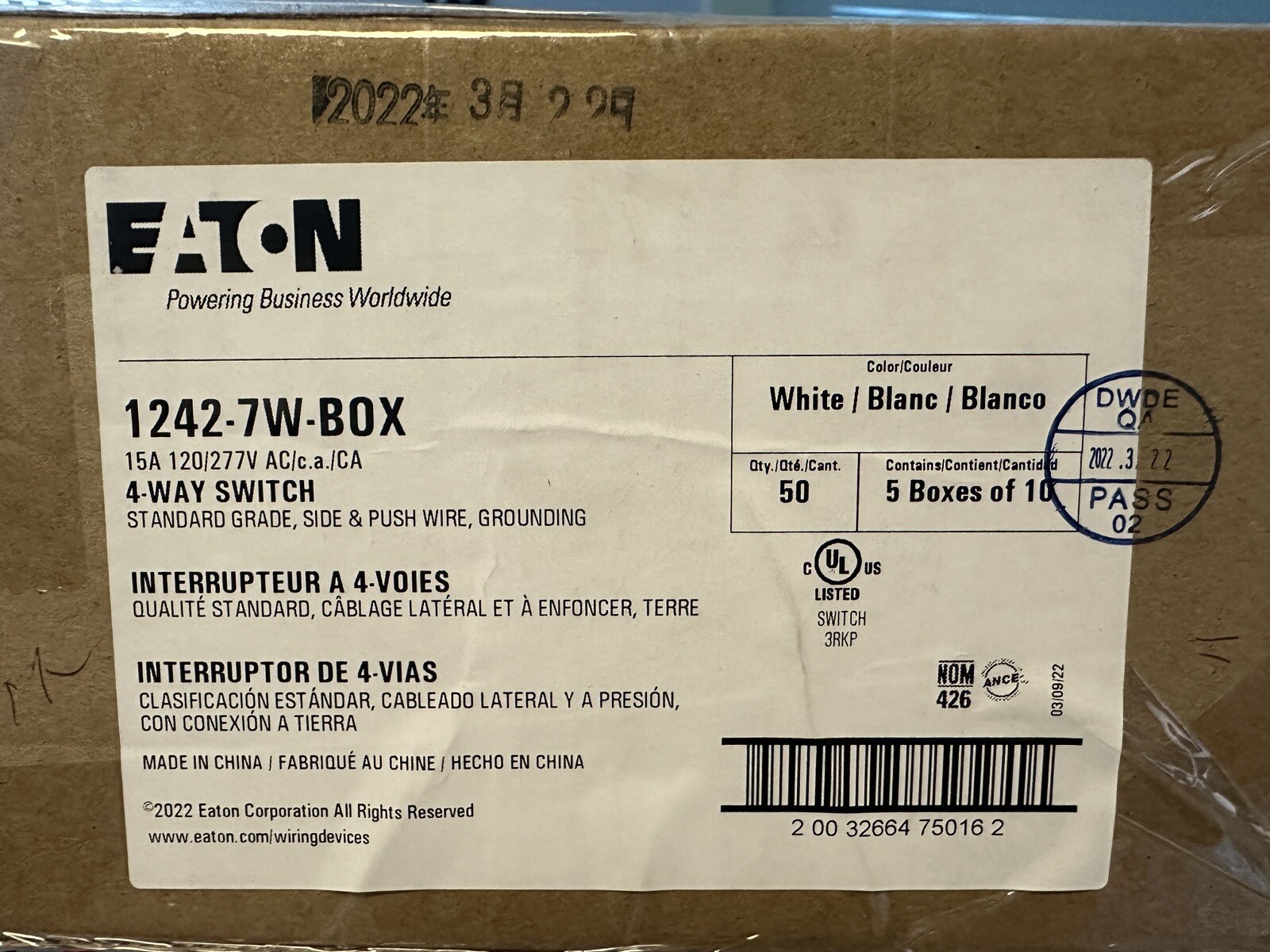 NEW Case lot 50 EATON 1242-7W-BOX 4-Way Toggle Switch White 15A 120/277V Qty. 50