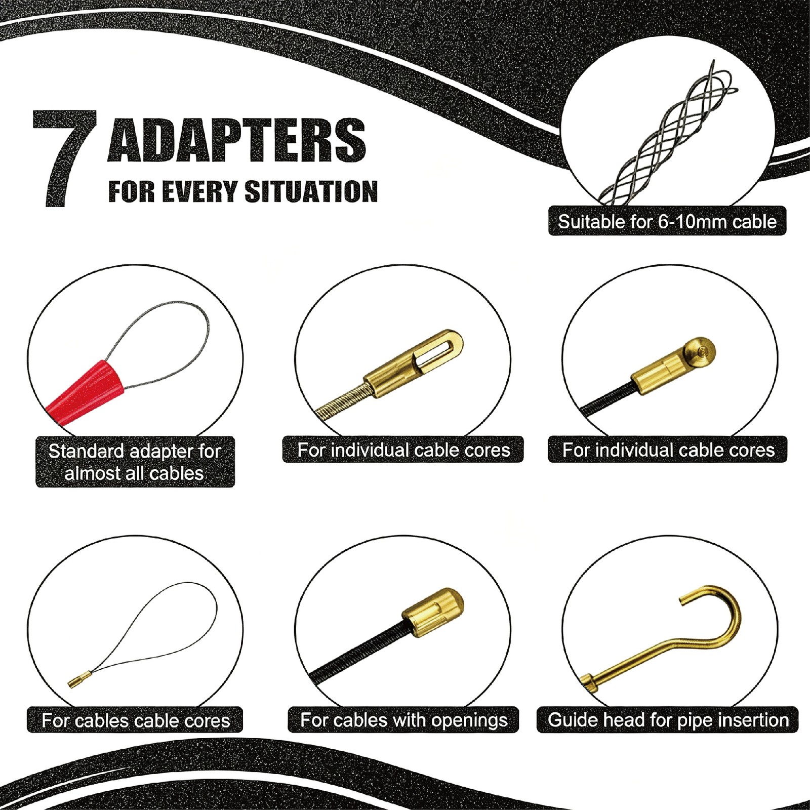 148Ft x4MM Glassfiber Fish-shaped Wire For Pulling Wire & Cable with 7 Adapters