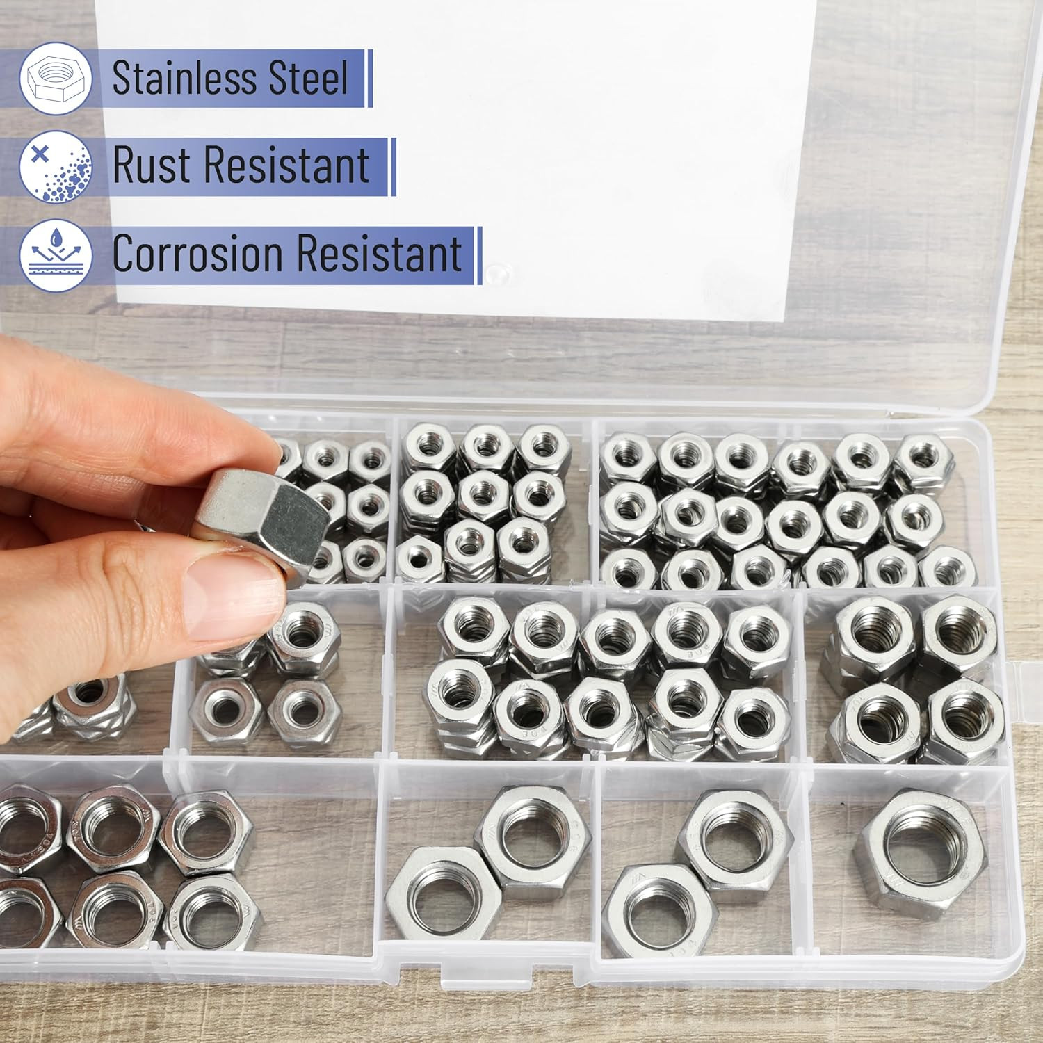 340Pcs SAE Hex Nuts Assortment Kit Stainless Steel Hardware Nuts 11 Sizes