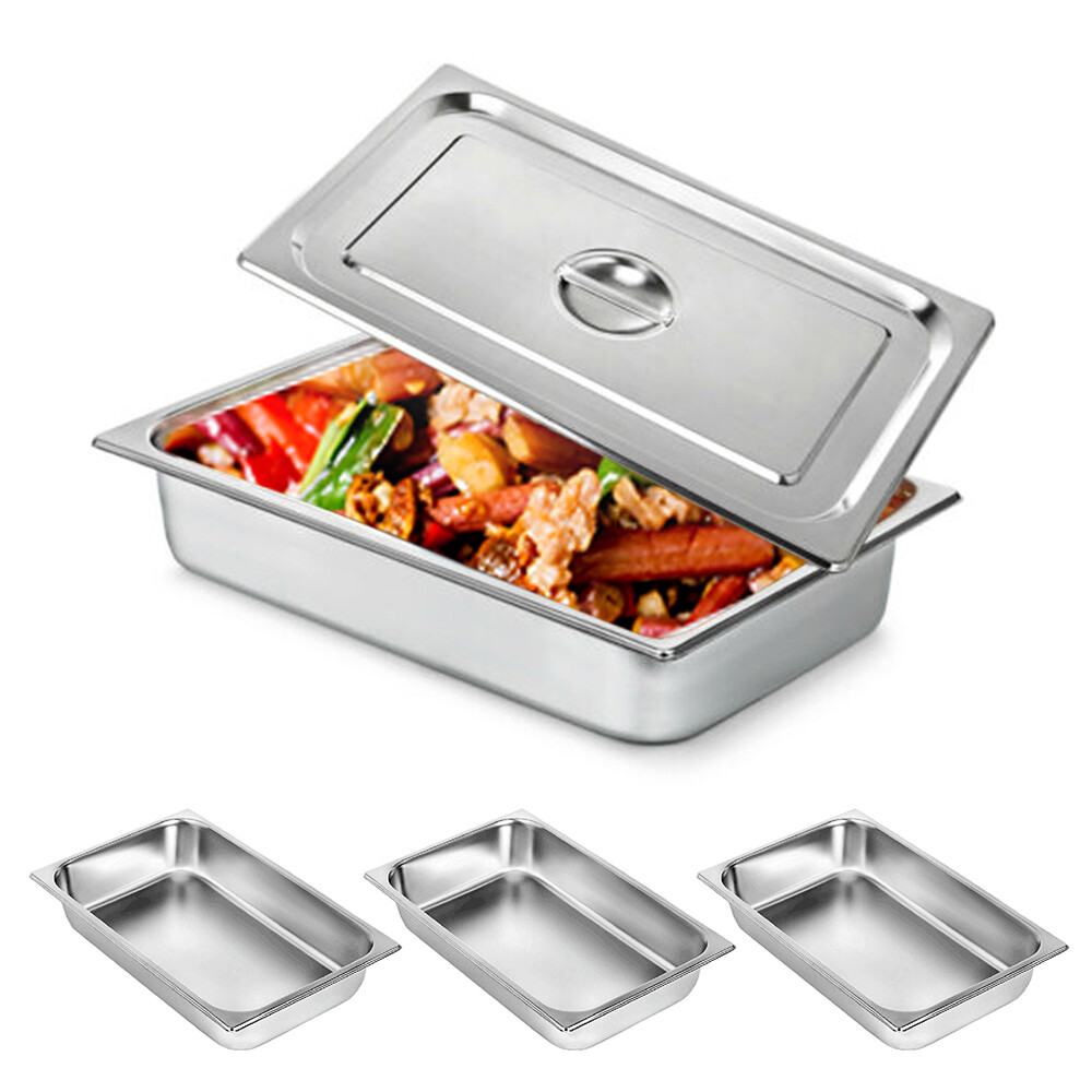 4-Pack Hotel Pans Commercial Steam Table Pan w/ Lid Stainless Steel Food Pan US