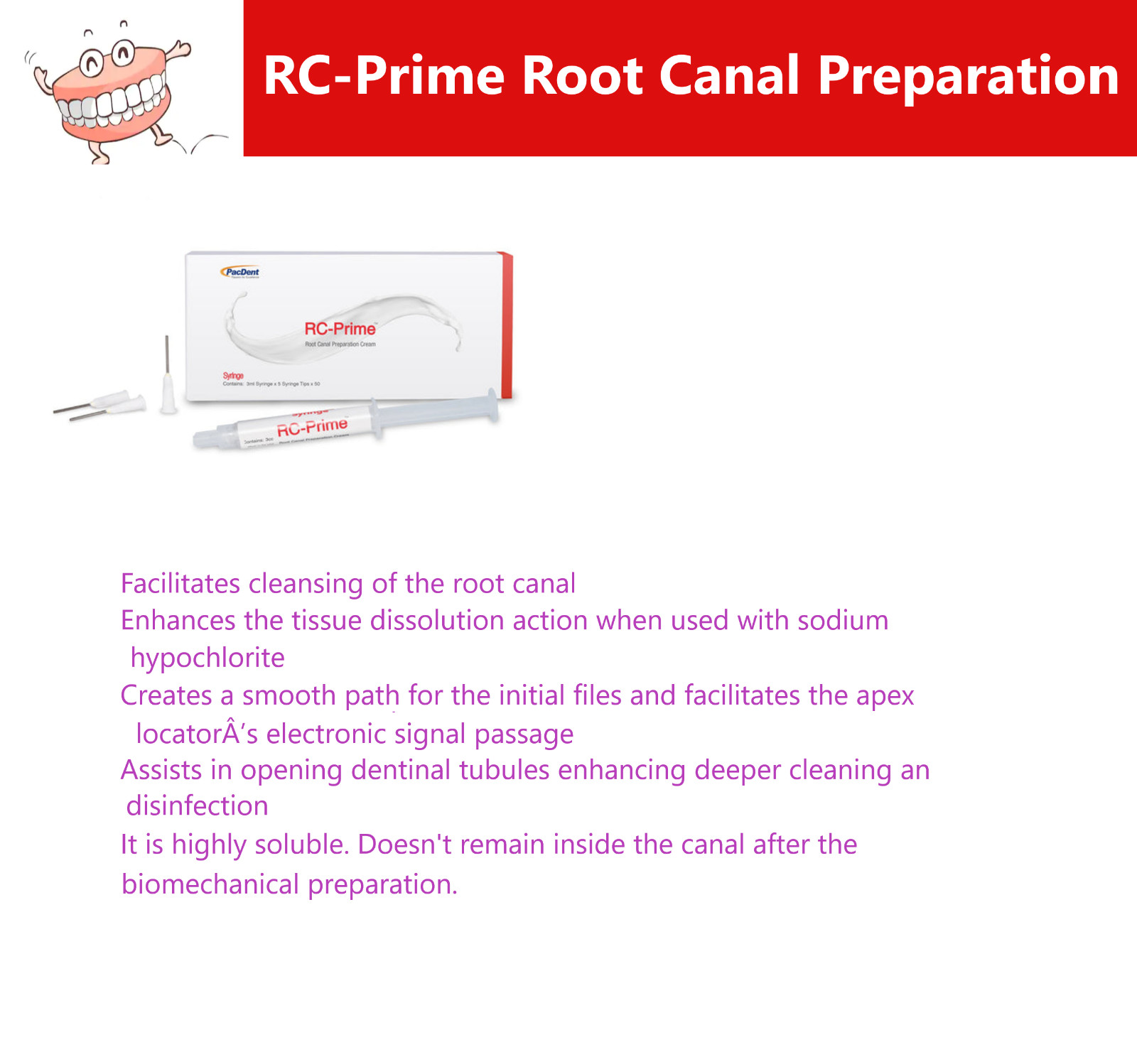 Dental Pac-Dent RC Prime Root Canal Prep 1/5 x 3cc Syringes, 50 tips
