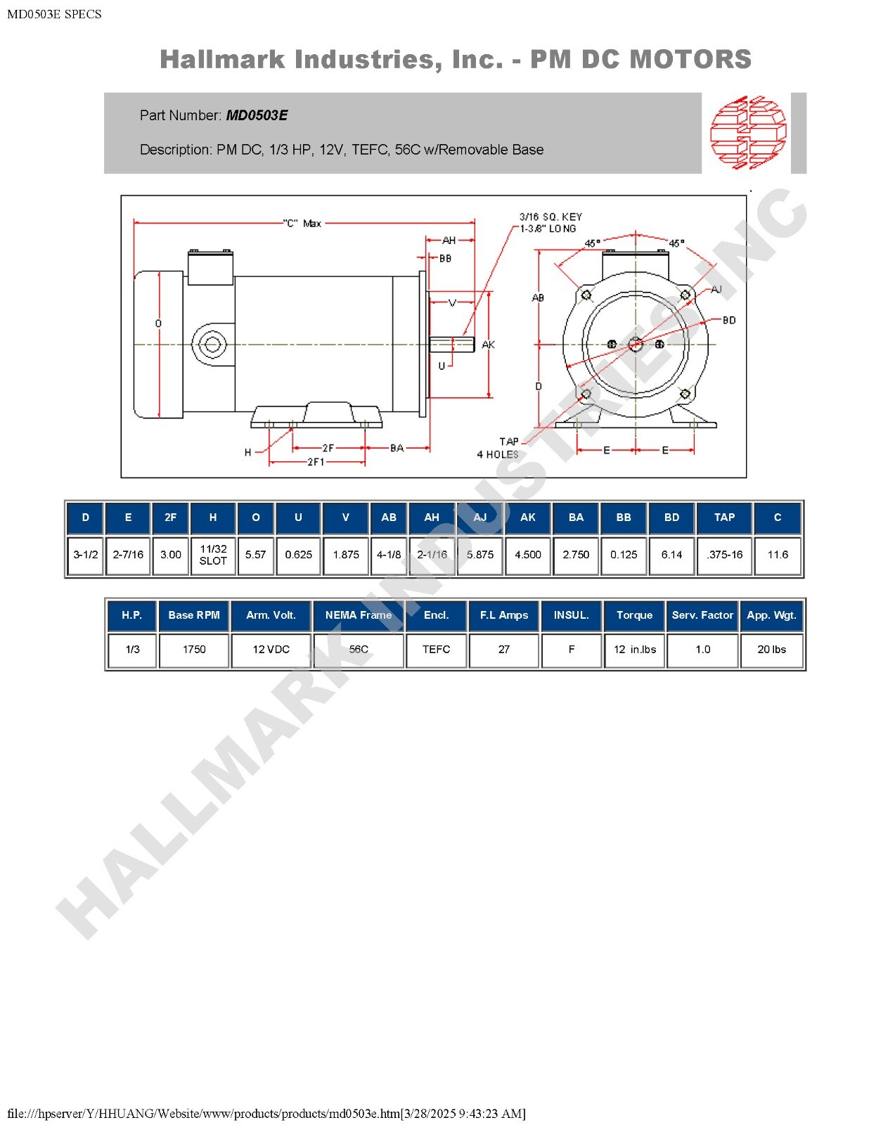 DC MOTOR, 1/3HP, 56C, 12V, 1750RPM, TEFC, Hallmark Industries MD0503E