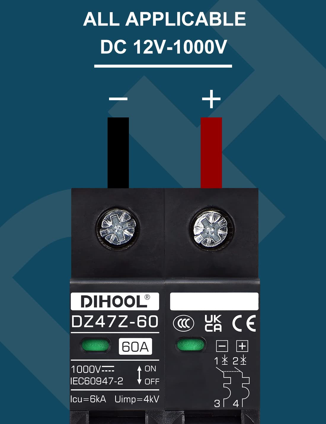 60 Amp DC Circuit Breaker DIN Rail Mount Solar Disconnect Switch 2P 1000V