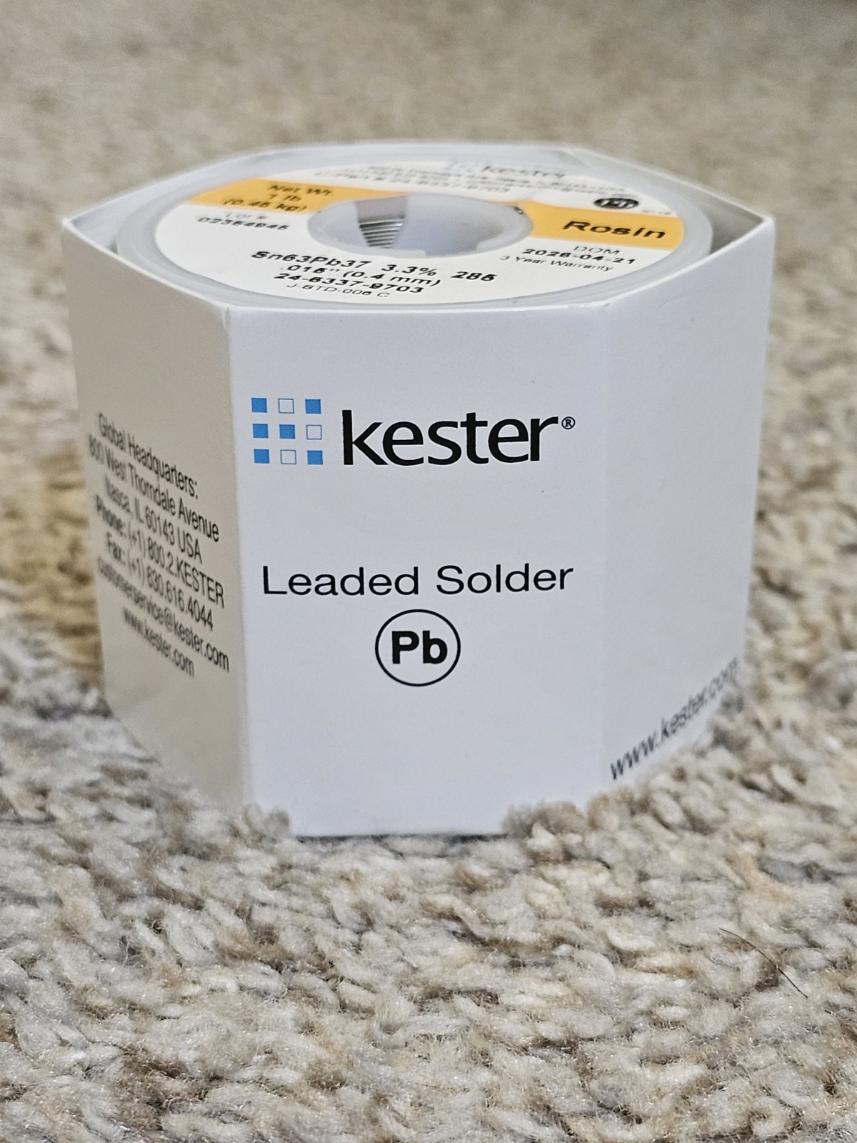 Kester Leaded Solder Wire Rosin Sn63Pb37 3.3% 285 (C PN: 24-6337-9703) Brand New