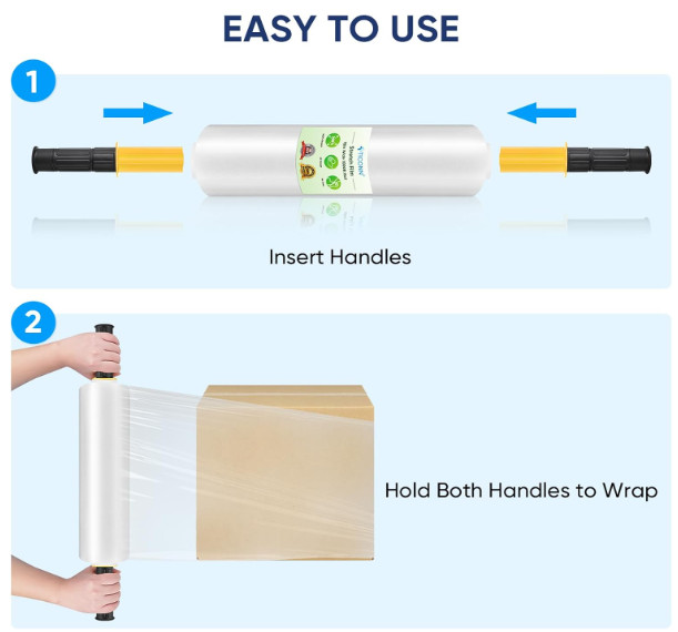 Stretch Wrap Film Roll 2 pack 1000 ft 60 Gauge Industrial Strength 15″ W Handles