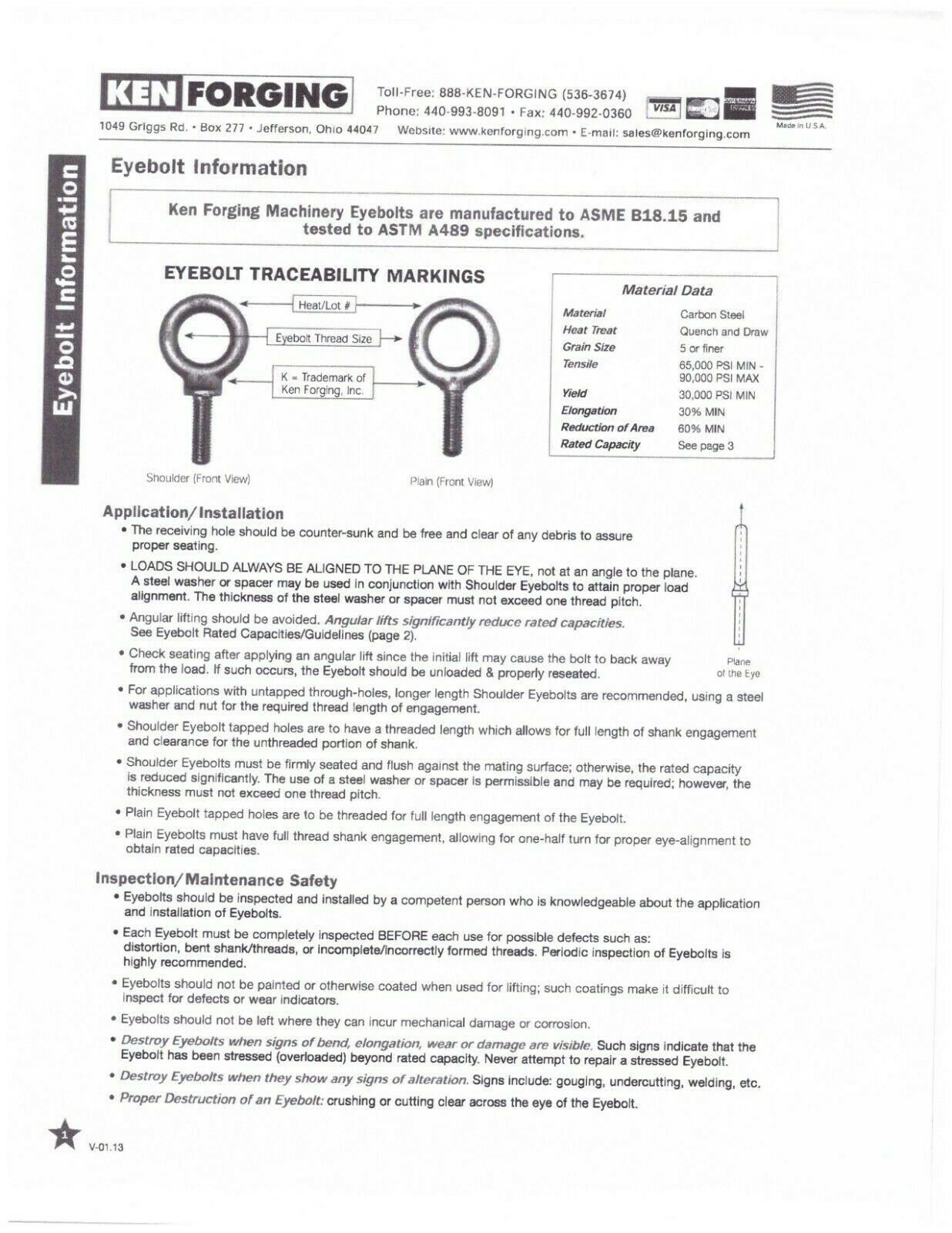1/2-13 x 1″ Thread Lifting Eye Bolt Eyebolt Eyelet Forged Black Oxide USA MADE!