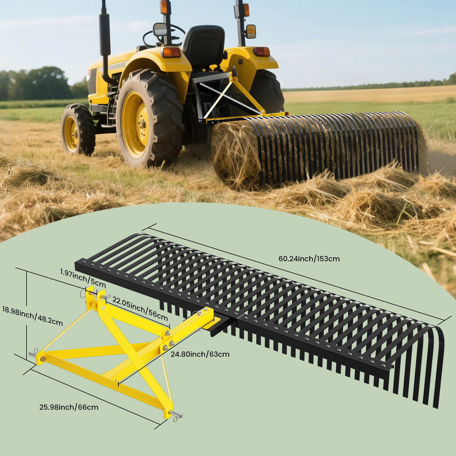 60″ 3 Pt Landscape Rock Rake For Category 1 Tractor Attachment Soil Gravel Lawn