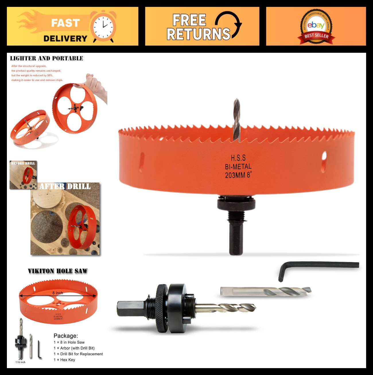 8″ Bi-Metal Hole Saw with Arbor for Metal, Wood & Plastic – Smooth Drilling Edge