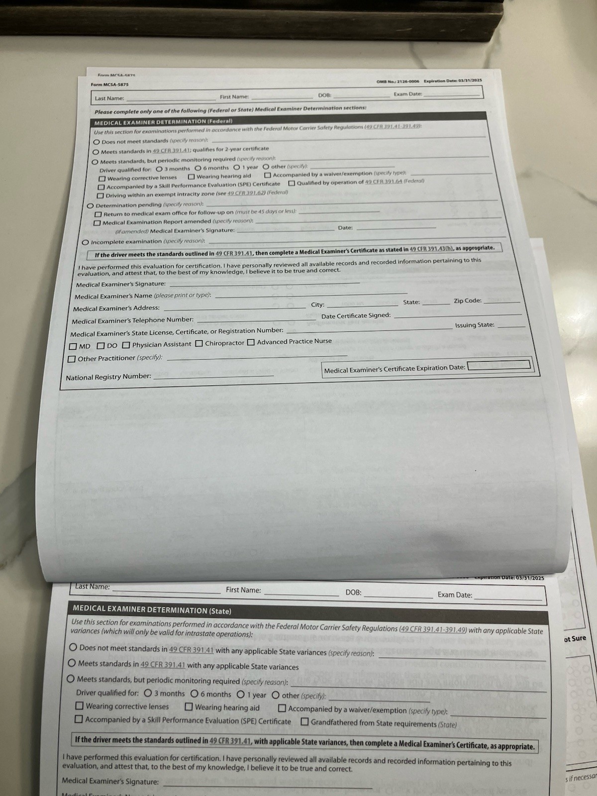 Medical Examination Forms MCSA-5875 and MCSA-5876 (20) Pack Of Each