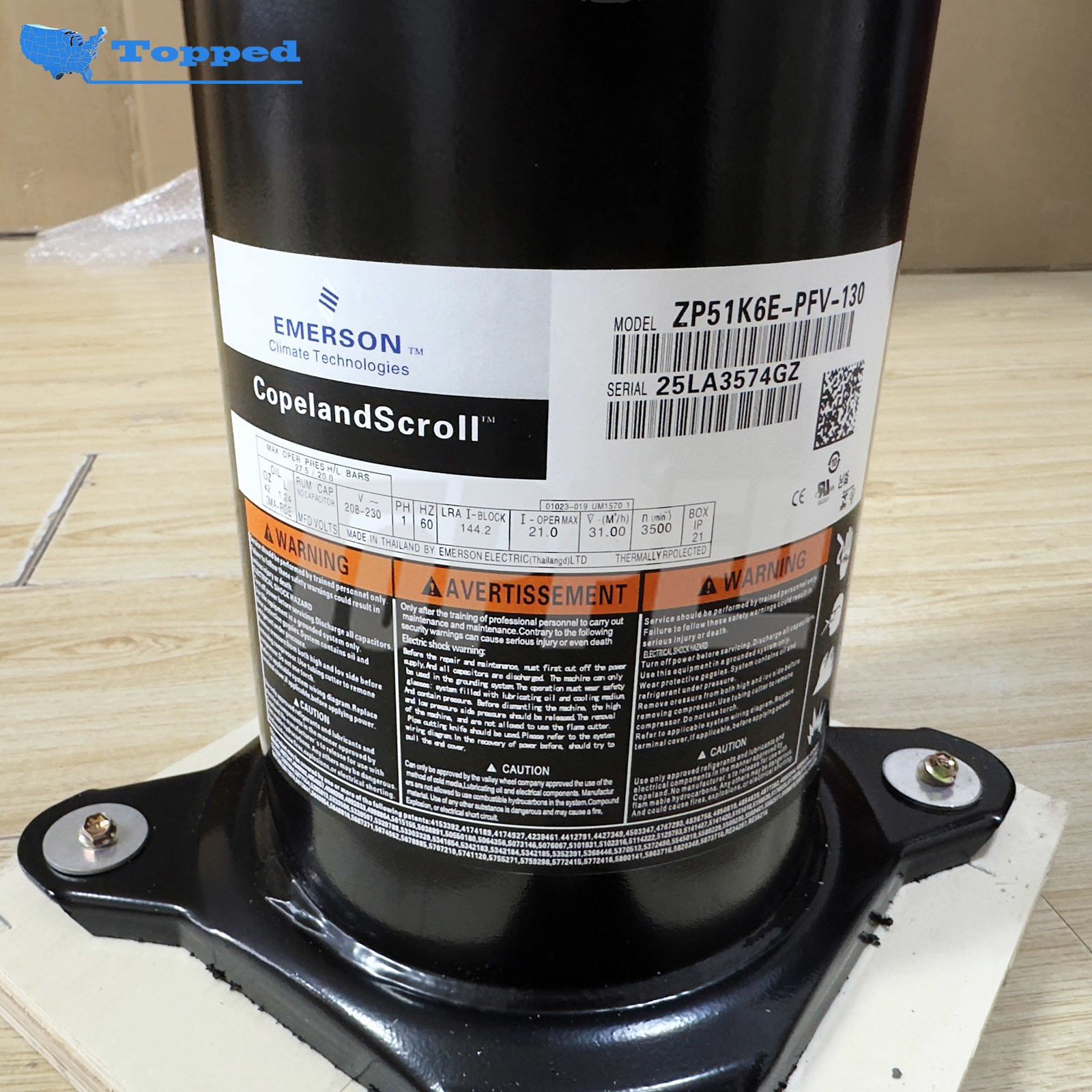 New Scroll Compressor 208-230V 1PH 4-4.9 Tons R410A for Copeland ZP51K6E-PFV-130