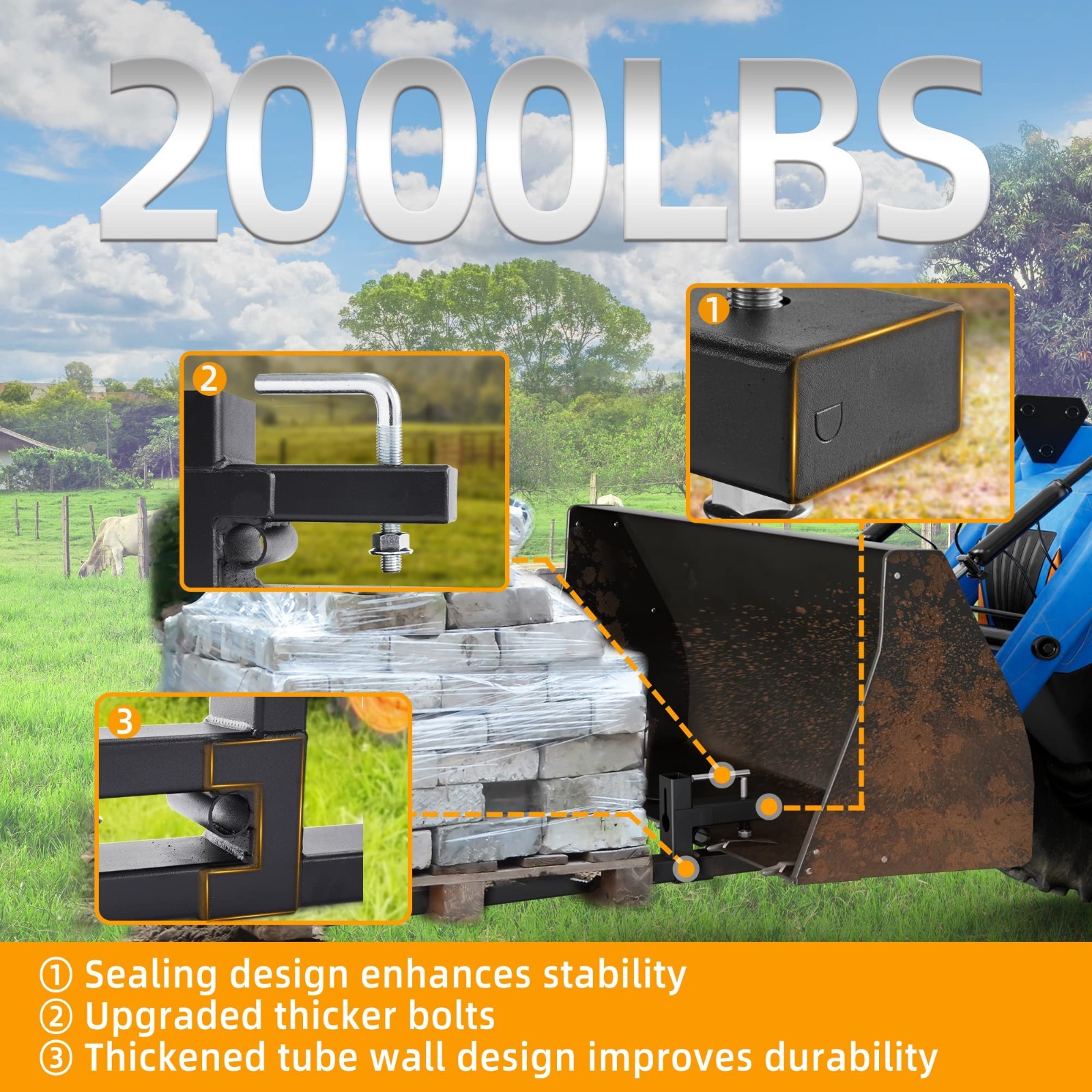60″ Heavy Duty Clamp-on Pallet Forks 2000lbs with Adjustable Stabilizer Bar for