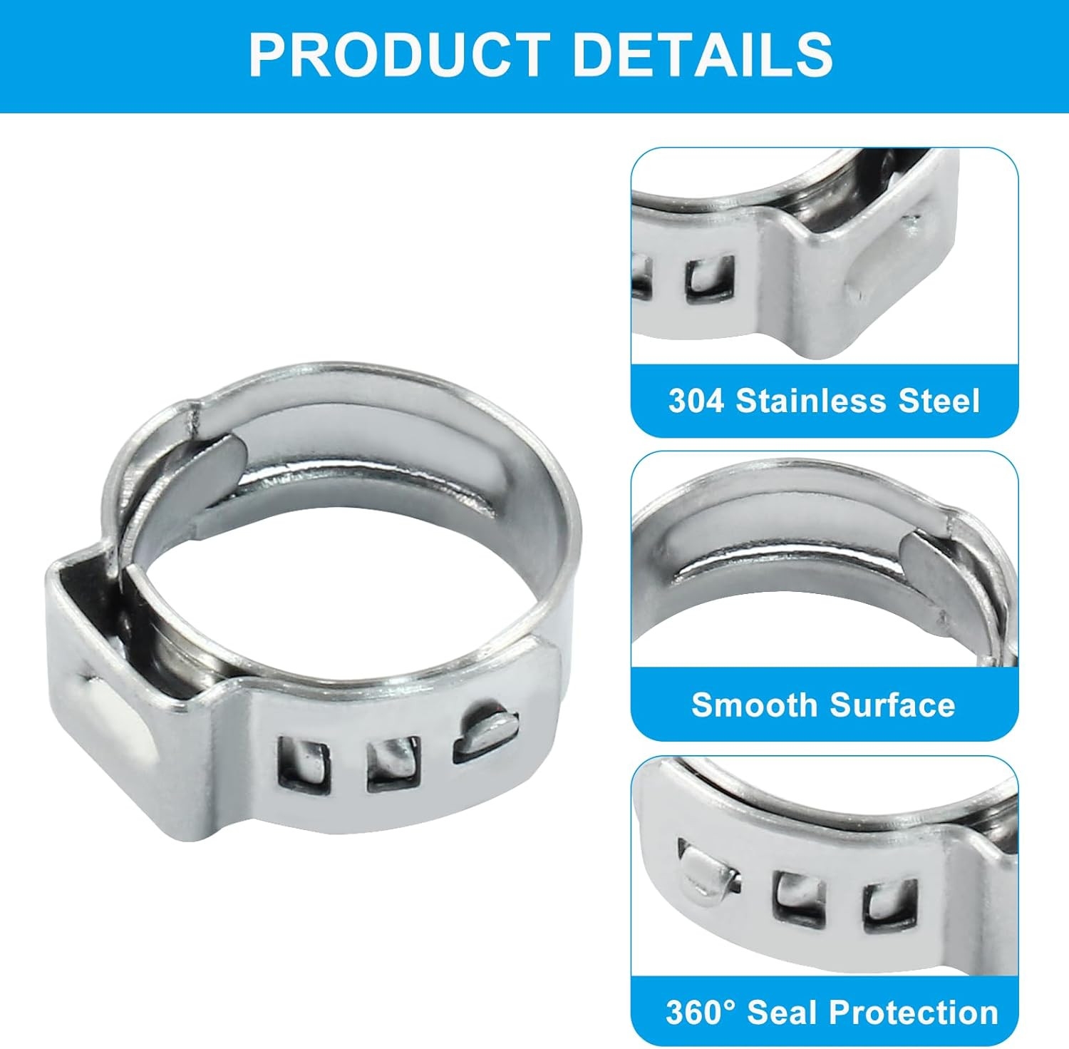 50 Pcs Single Ear Hose Clamp 12.8Mm-15.3Mm, Stainless Steel Crimp Rings