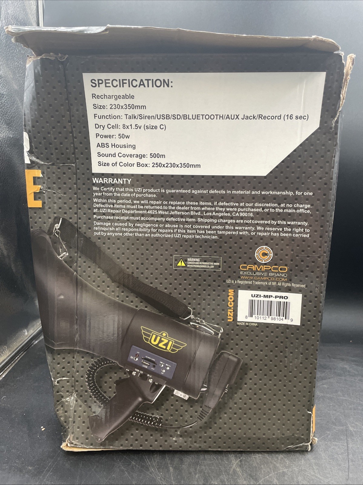 Uzi High Power Loud Big Bluetooth Megaphone 50W, Real Siren, Bullhorn, Etc.
