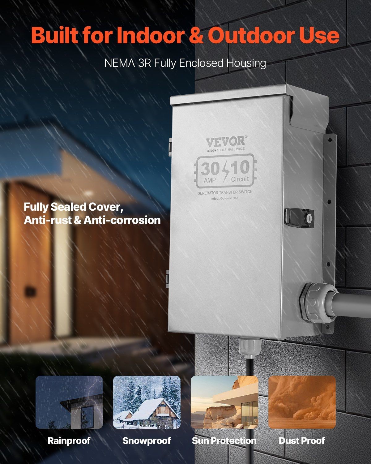 Manual Generator Transfer Switch: 30A, 10-Circuit, Pre-Wired, NEMA 3R Rated