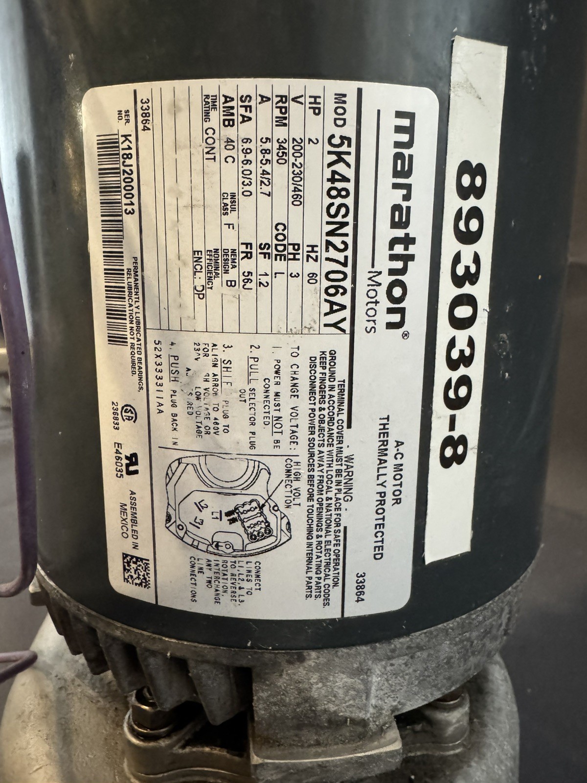 Hobart 893039-8 Marathon 5K48SN2706AY 2 HP 3450RPM 230/460VAC Pump Motor AM15