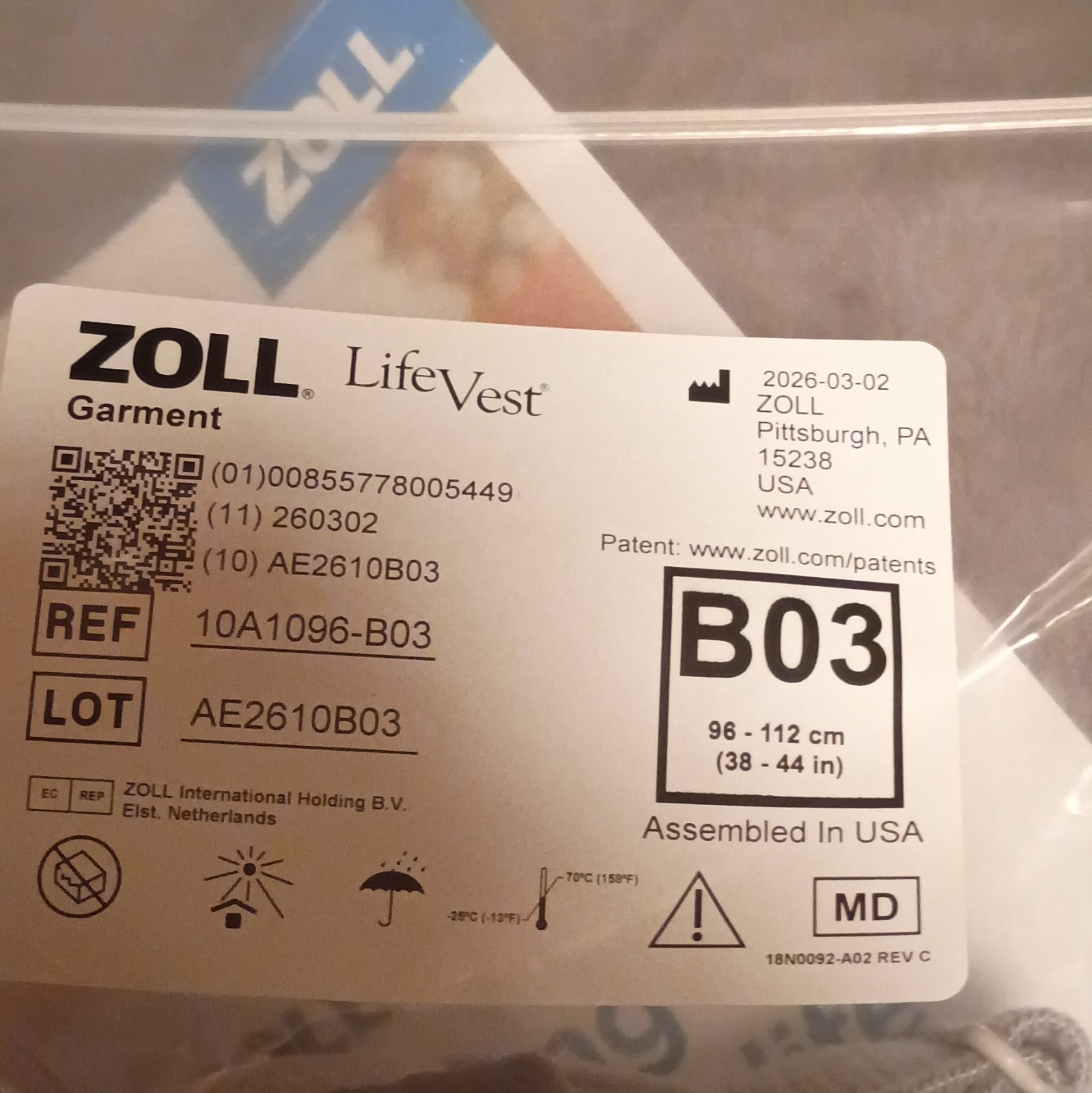 ZOLL LifeVest Garment for Cardiology Use, MPN 10A1096-B03 Exp 2026-03-02