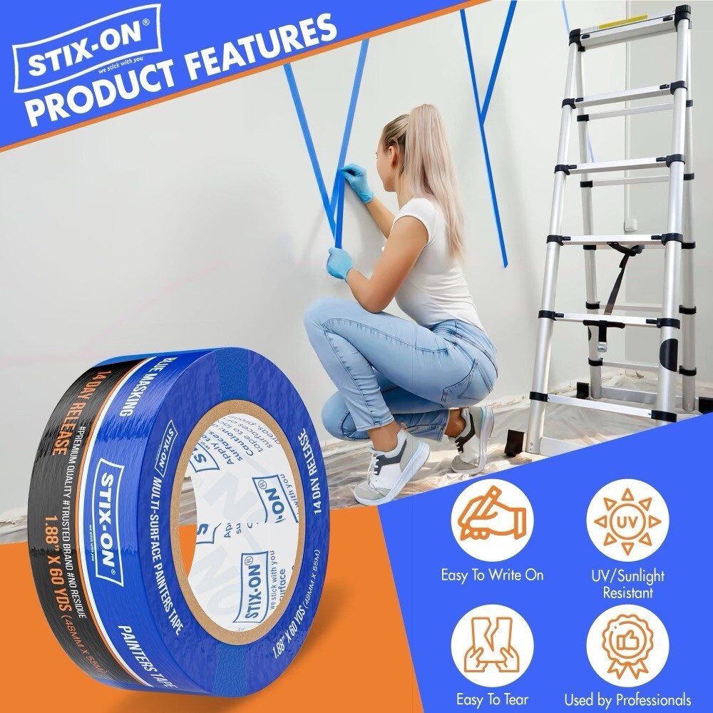 STIX-ON 24 Rolls 2”x60 Painter’s Tape Blue Masking Rolls 1.88 inch x 60 yds
