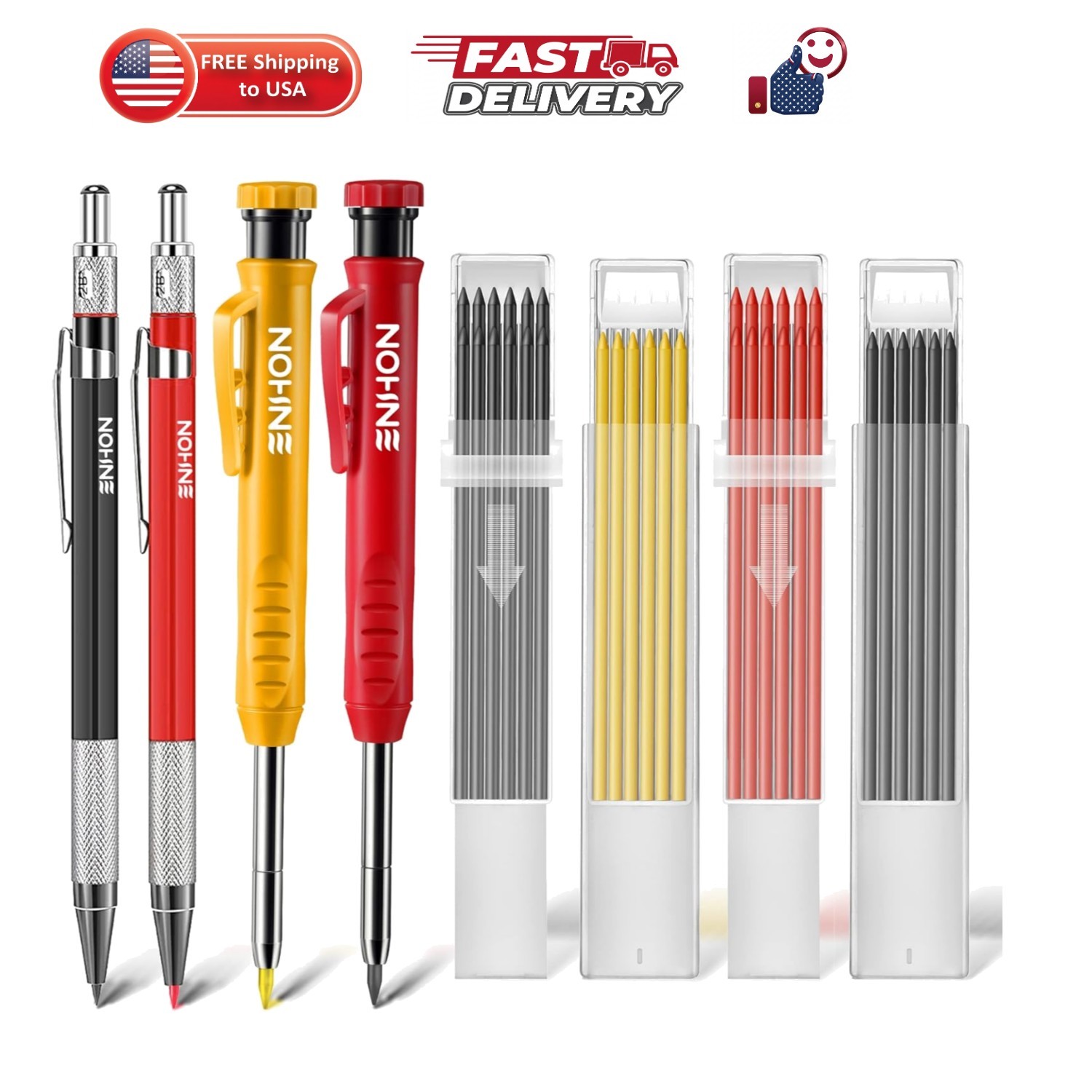 4 Pack Carpenter Pencil Set with Sharpener, Black/Red/Yellow | 45mm Deep- Tip…