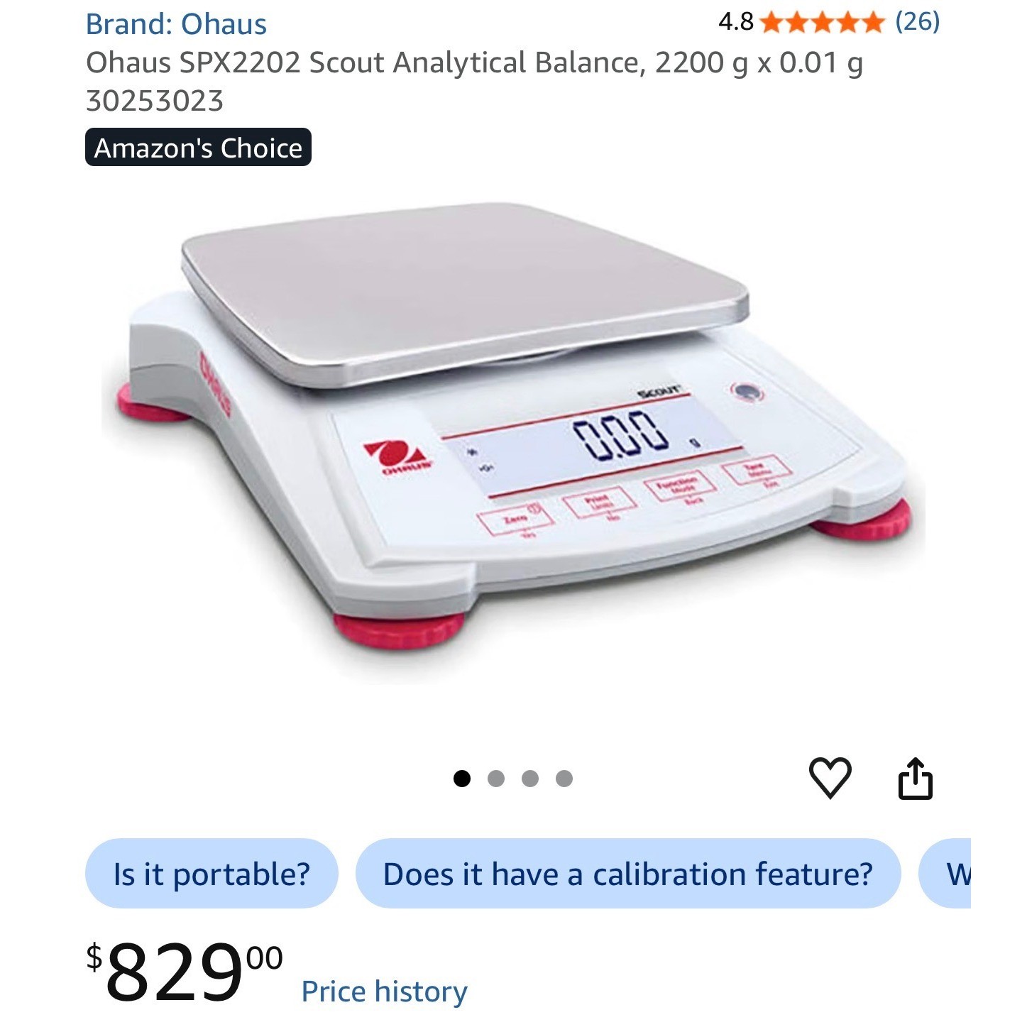 Ohaus SPX2202 Scout Analytical Balance, 2200 g x 0.01 g 30253023