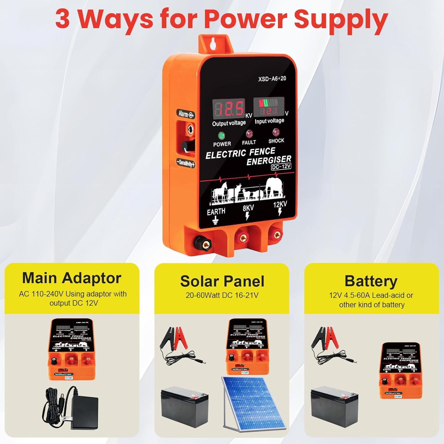 5.5J Electric Fence Charger Energizer, 5.5 Joules 10 Miles, AC DC 2 in 1 Powered