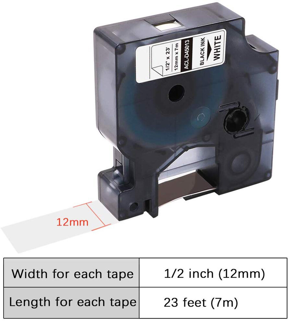 5PK For Dymo D1 12mm Label Tape Black on White 45013 S0720530 Cassette 1/2″ 160