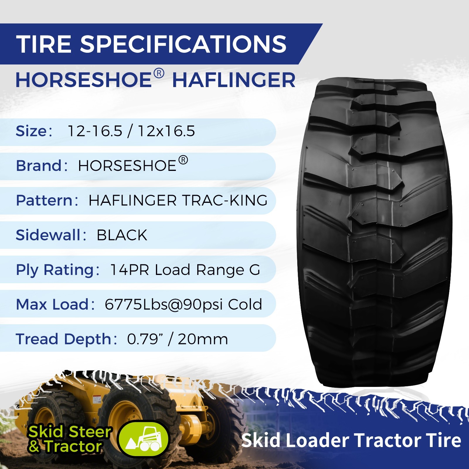 4 12×16.5/12-16.5 14PR Skid Steer Tire HAFLINGER TRAC-KING Heavy Duty TL 12165