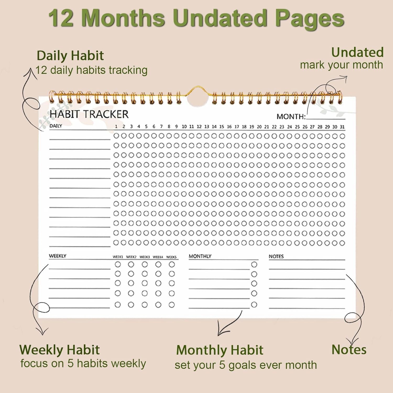 Habit Tracker Calendar – 12 Months Undated Daily Goal and beige