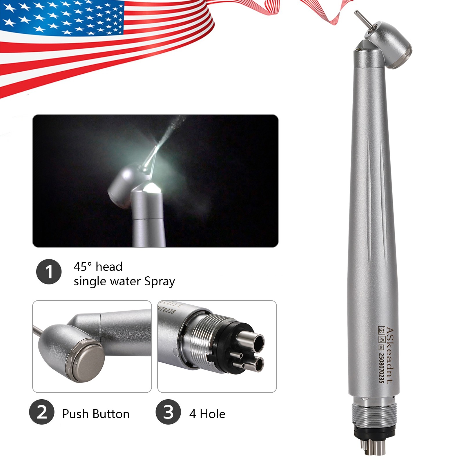 Dental 45 Degree 45° Angle LED E-generator High Speed Handpiece 4 holes ASkeadnt
