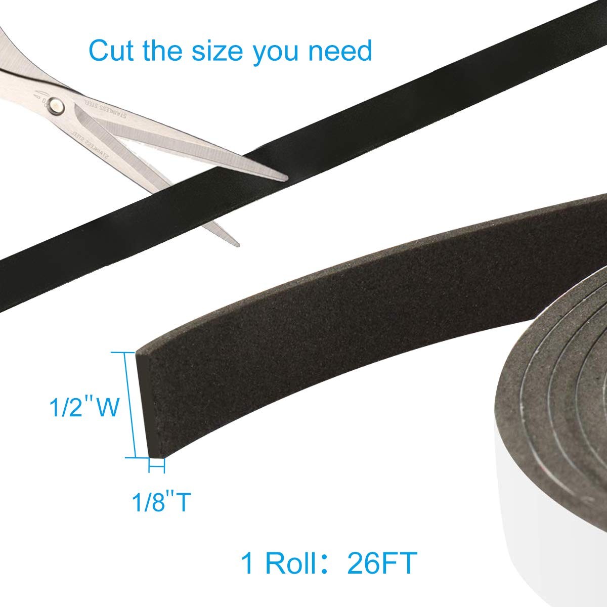 Foam Seal Tape 26 Feet Long, 1/2 Inch Wide x 1/8 1/2″W x 1/8″T x 26FT, Black
