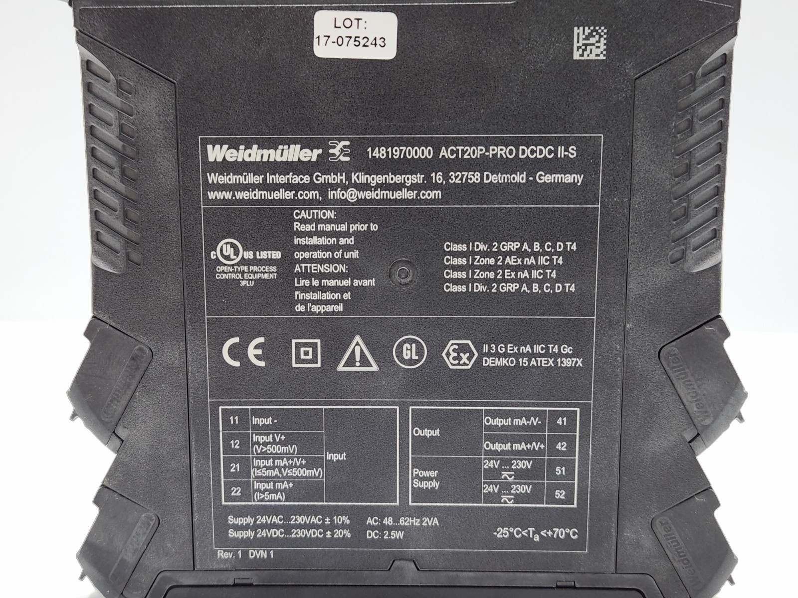 WEIDMULLER ACT20P-PRO DCDC II-S ANALOGUE ISOLATING AMPLIFIER 1481970000 REV 1