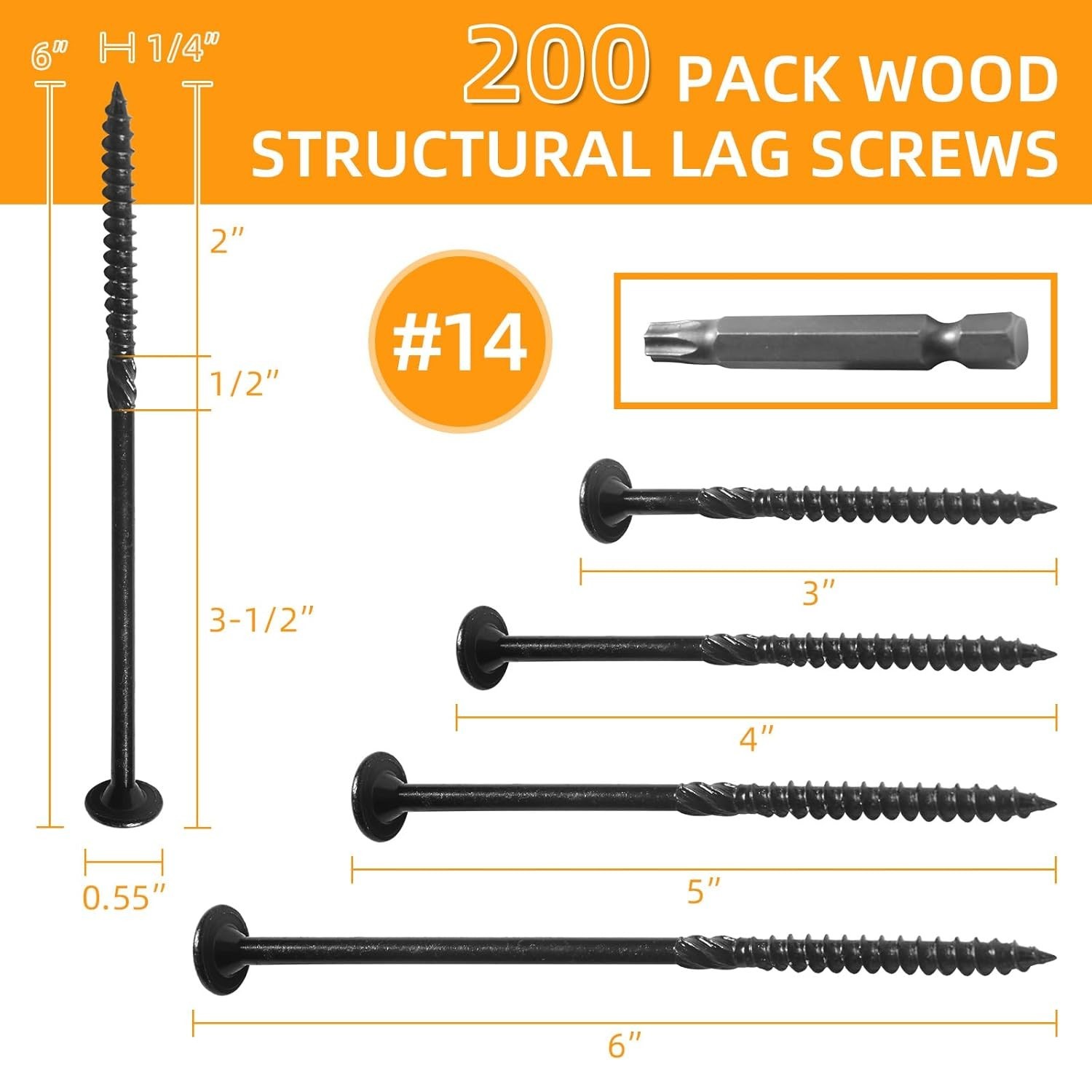 200Pcs Lag Screws #14 x 6 Inch Heavy Duty Structural Wood Screws Star Drive