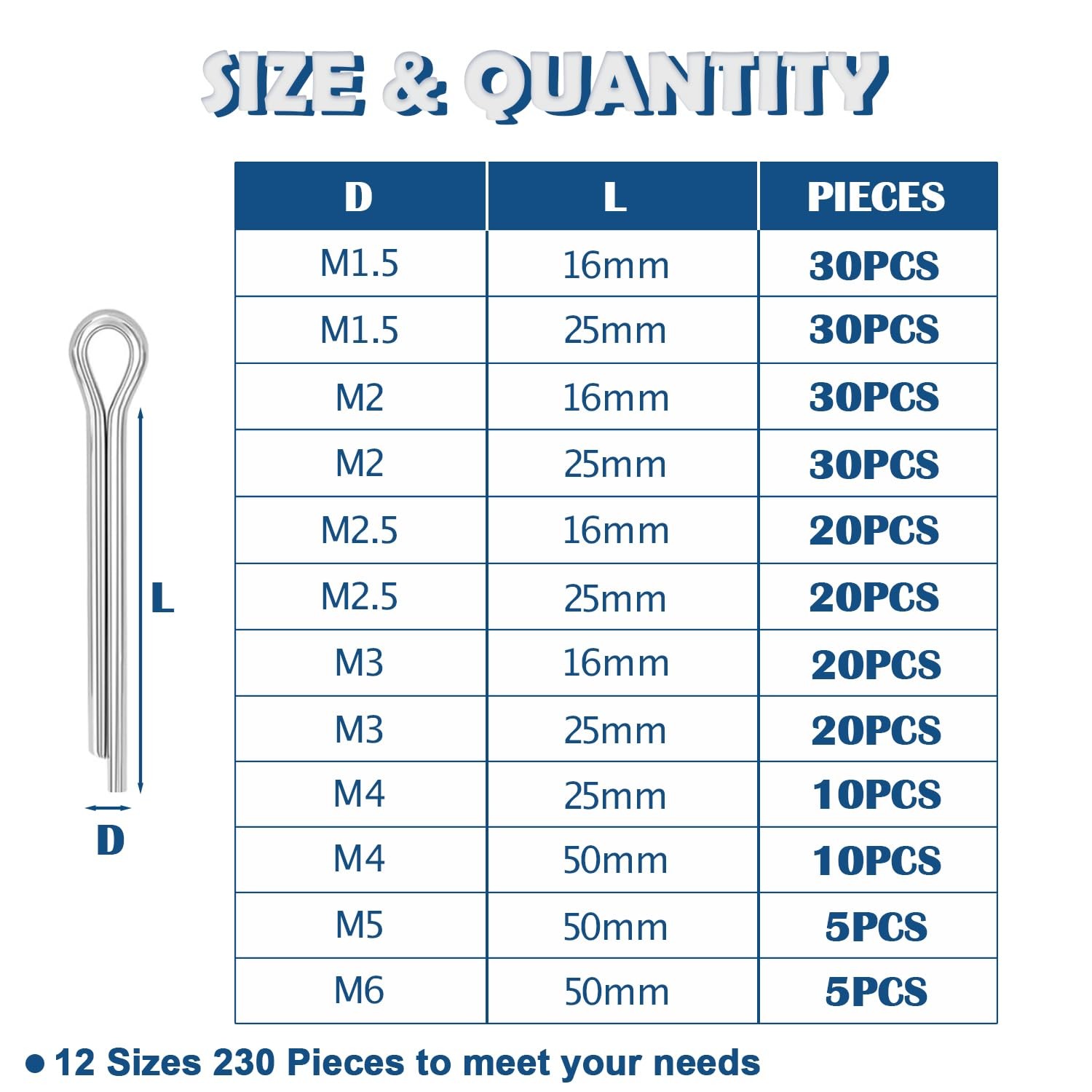 230PCS Cotter Pins Assortment Kit 304 Stainless Steel Split Pin.12 Sizes