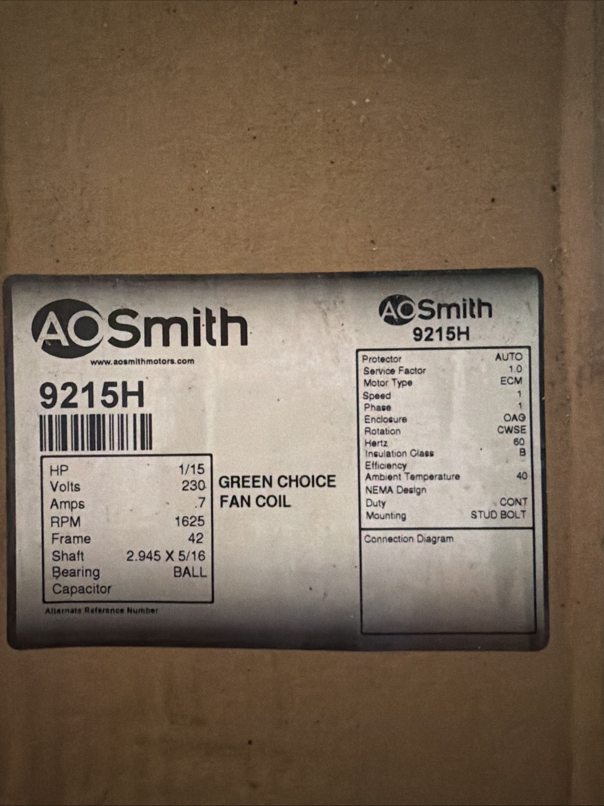 AO Smith Motor 9215h 230v 1/15 Hp
