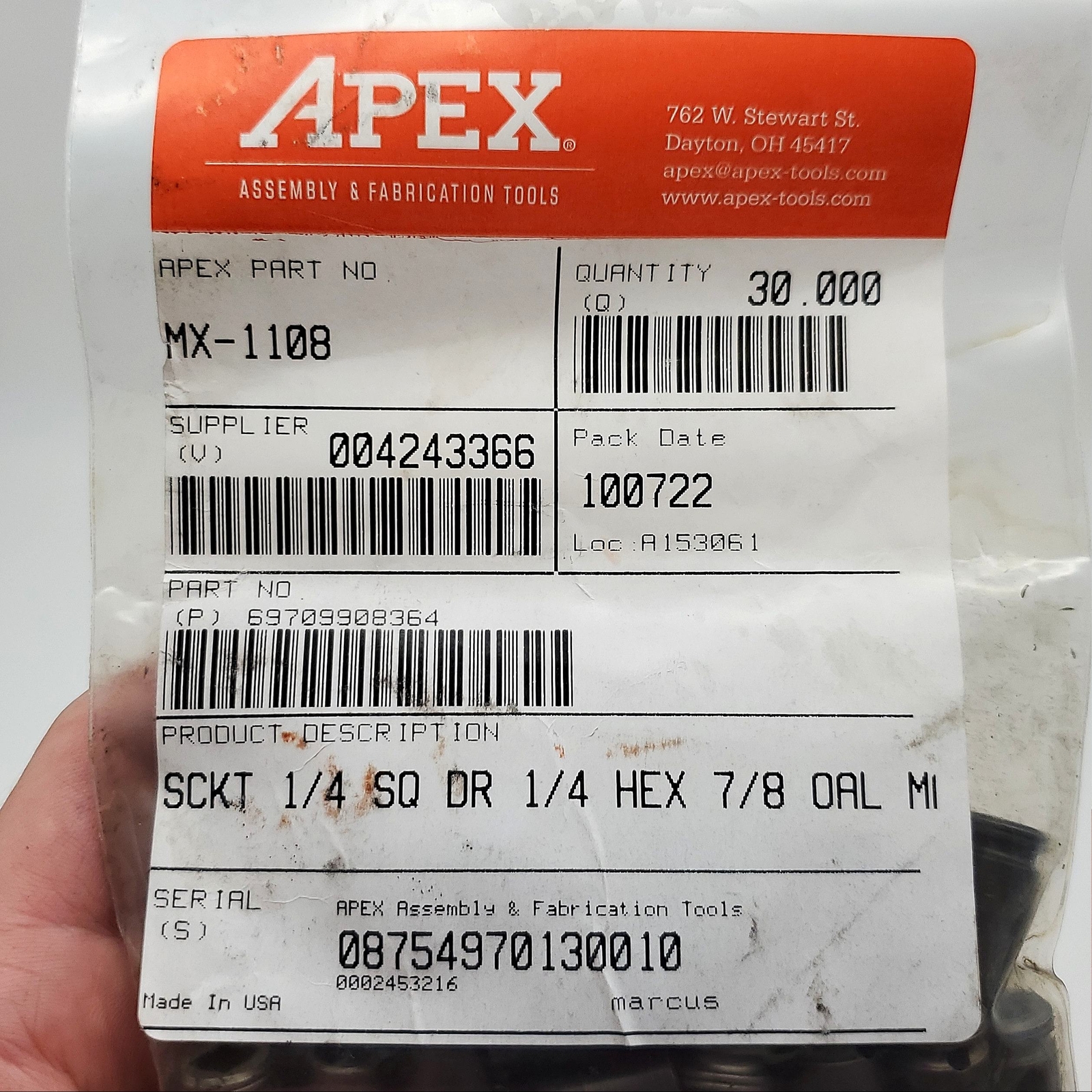 Apex MX-1108 Impact Socket 1/4″ Drive 1/4″ Socket 6 Point Magnetic 7/8″ OAL