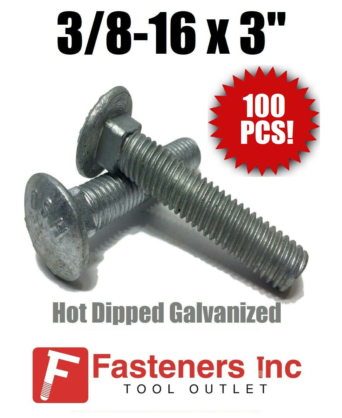 (QTY 100) 3/8-16 x 3″ Carriage Bolt Hot Dipped Galvanized A307