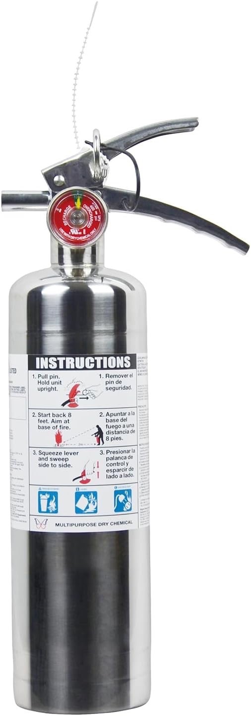 🧯NEW 2025-2.5 lb CHROME/STAINLESS STEEL ABC FIRE EXTINGUISHER W/VEHICLE BRACKET