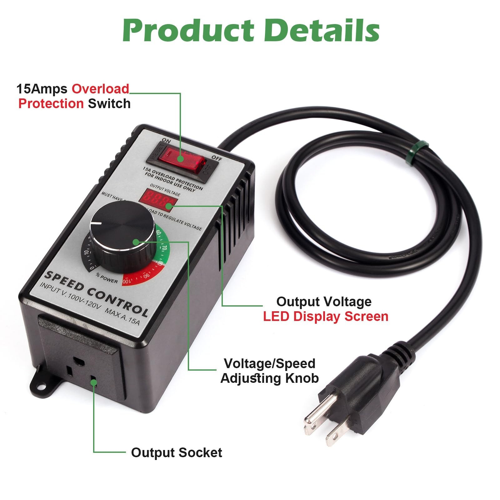 AC Motor Speed Controller 100-120V / 10A Rated / 15A Max Variable Fan Black